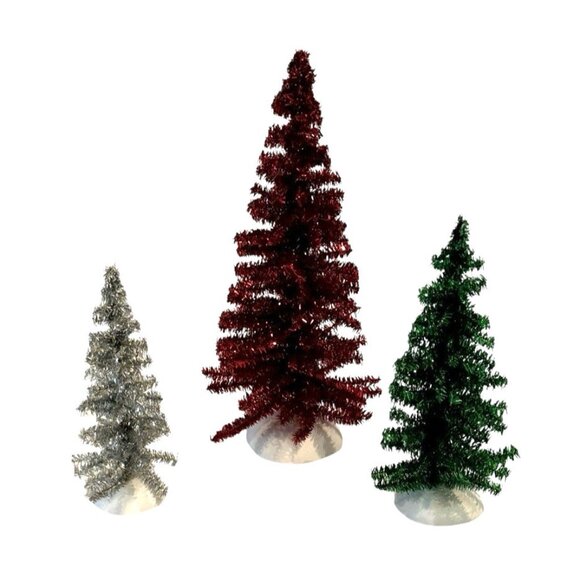 Department 56 Village Accessories Classic Tinsel 3 Trees Box Silver Green Red - Picture 2 of 7